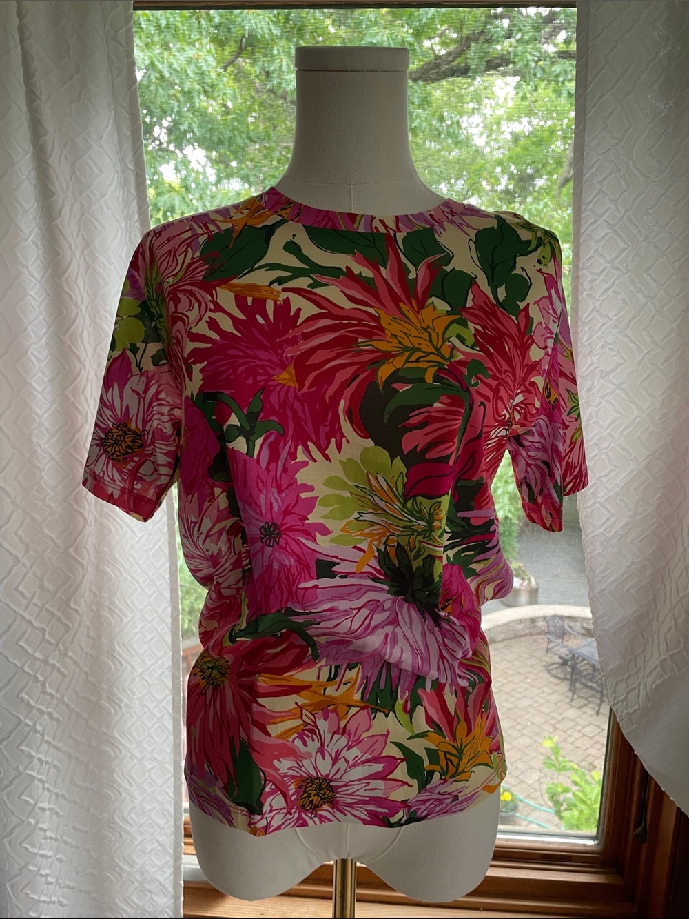 Max Mara Weekend Floral Short-Sleeve Top — Pink Multi PTP 19.5 - Picture 2 of 12